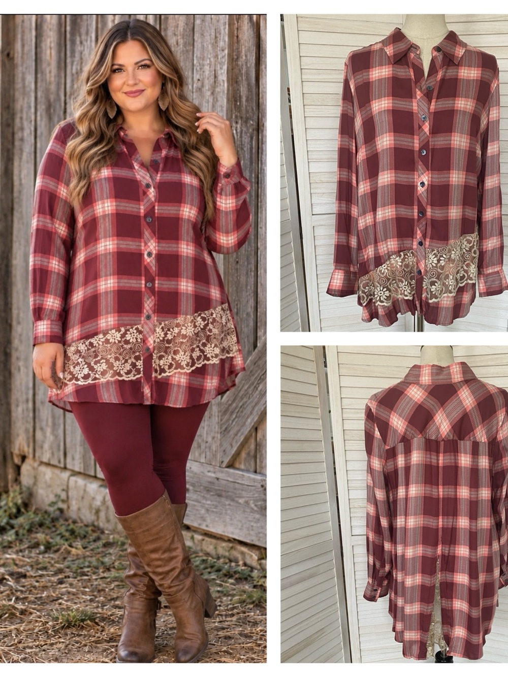 LOGO by Lori Goldstein Burgundy & Pink Plaid Button-Down Shirt with Lace Hem 16